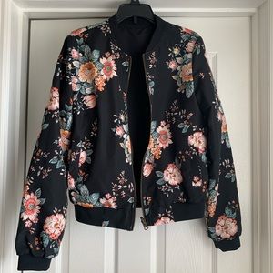 Floral print black bomber jacket